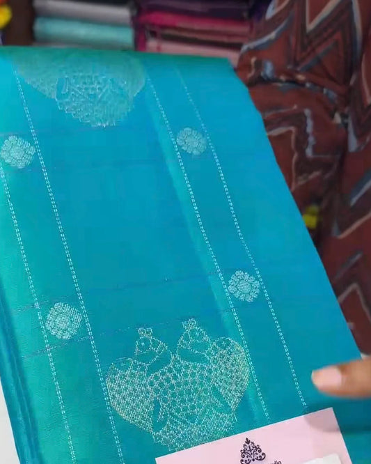 Aqua Blue Soft Silk Zari Weaving Saree with Rich Pallu