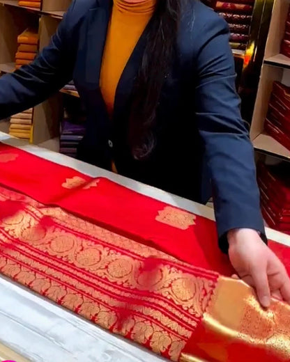 Red Kanjivaram Silk Saree with Rich Gold Zari Border.