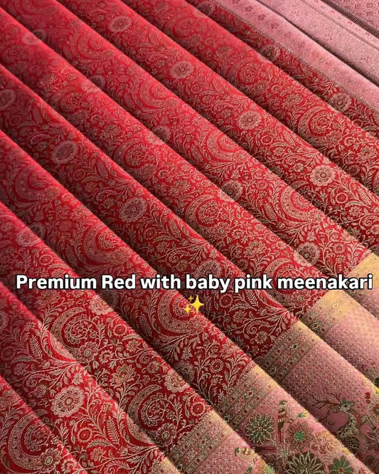 Red fabric with baby pink meenakari patterns