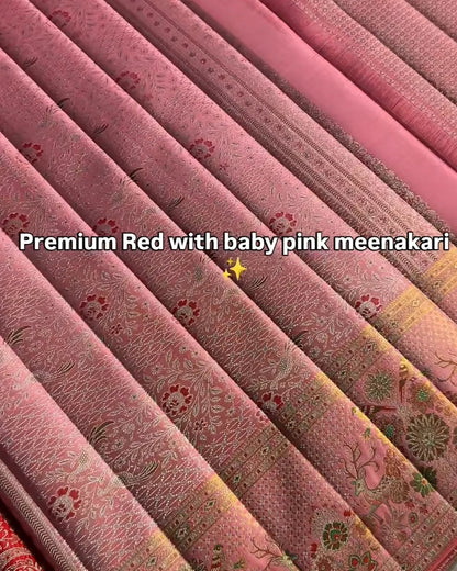 Textured fabric with red and pink pattern, labeled 'Premium Red with baby pink meenakari'.
