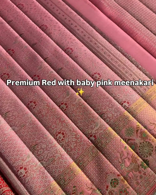 Textured fabric with red and pink pattern, labeled 'Premium Red with baby pink meenakari'.