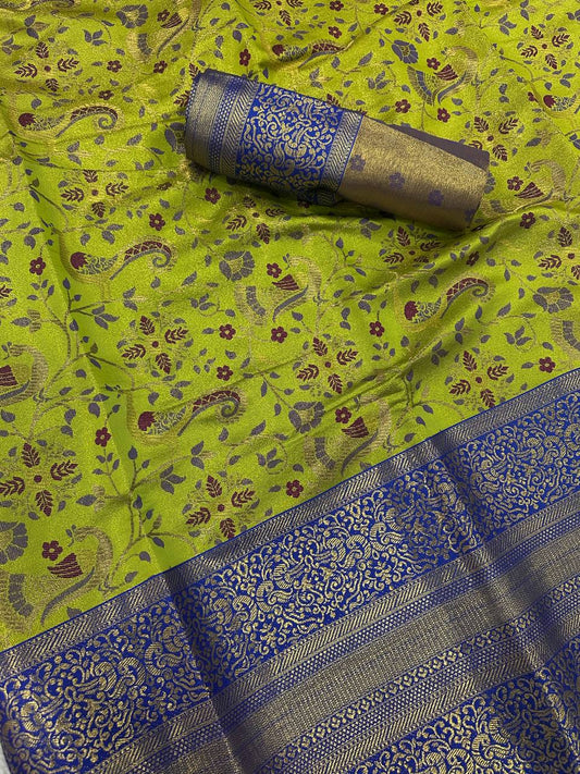 Pure Handloom Kanjivaram Silk Saree with Contrast Border & Rich Zari Pallu