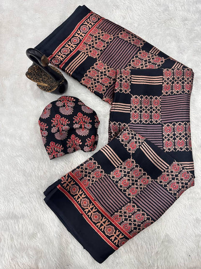 Authentic Saree Crafted in Semi Gaji Silk with Ajrakh Bandhej Art