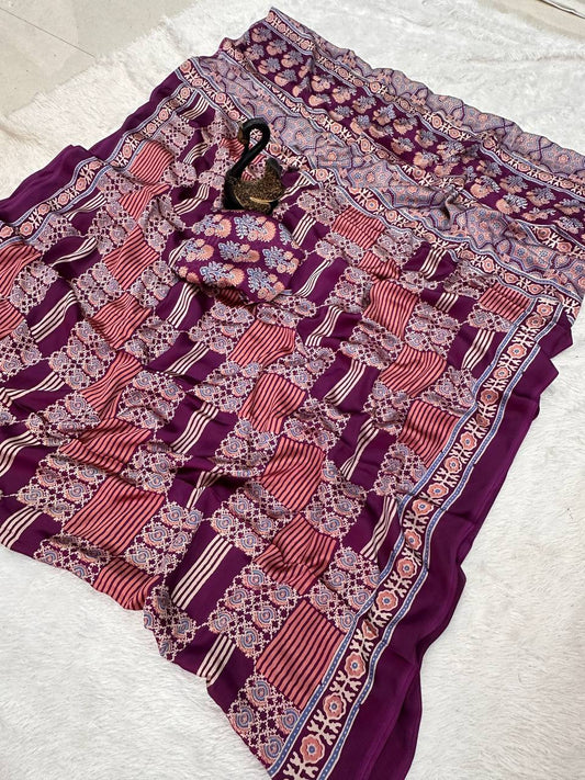 Authentic Saree Crafted in Semi Gaji Silk with Ajrakh Bandhej Art