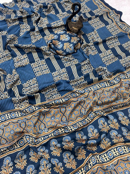 Authentic Saree Crafted in Semi Gaji Silk with Ajrakh Bandhej Art