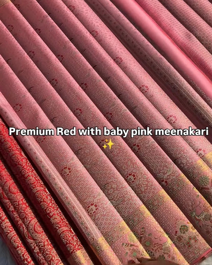 Ruby Blossom Premium Red Meenakari Silk Saree with Baby Pink Border