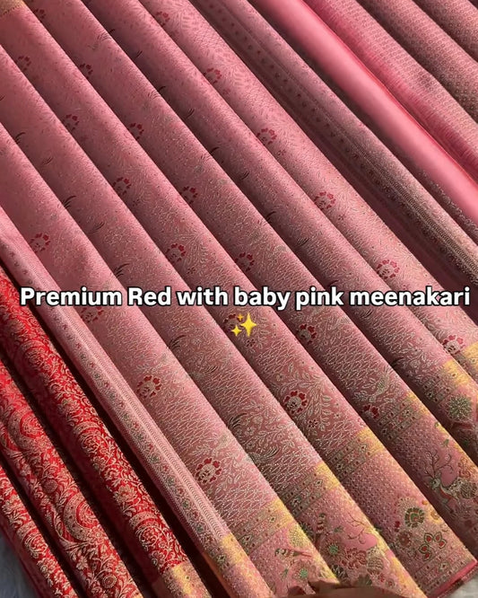 Ruby Blossom Premium Red Meenakari Silk Saree with Baby Pink Border