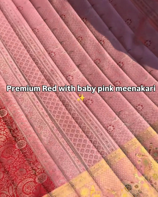 Ruby Blossom Premium Red Meenakari Silk Saree with Baby Pink Border