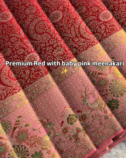 Ruby Blossom Premium Red Meenakari Silk Saree with Baby Pink Border