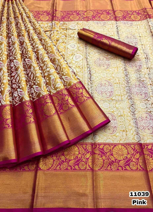 Pure Handloom Kanjivaram Silk Saree with Meena Weaving & Gold Zari Pallu