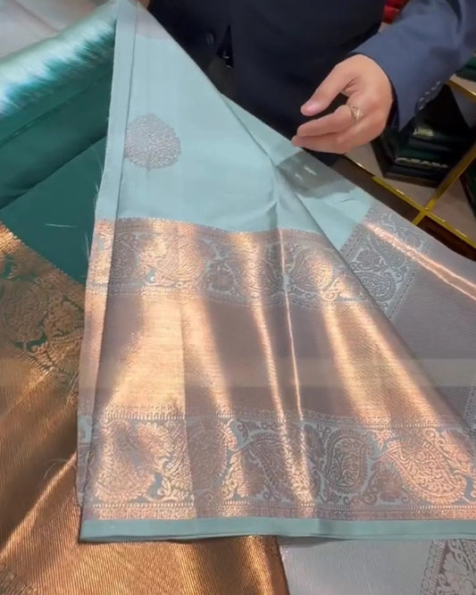 A light blue-green silk saree with a wide metallic gold and silver brocade border, held by a person wearing a dark navy blazer.