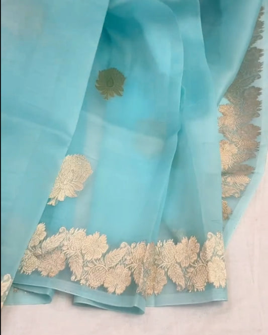 Sky Blue Kora Silk Saree