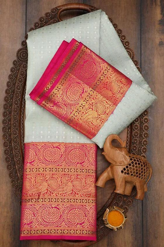Royal Pink and Mint Green Silk Saree with Rich Zari Border