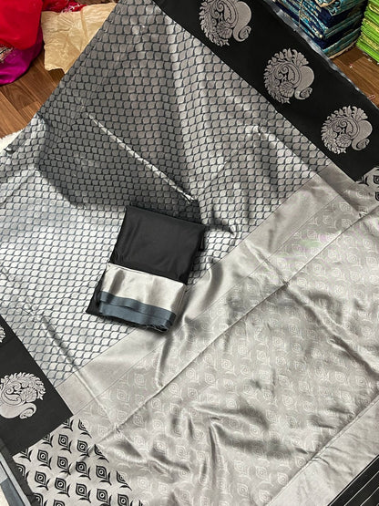 Black and Grey Printed Saree with Statement Motifs