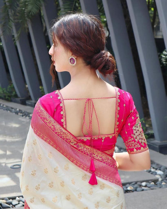 Elegant Cream Silk Saree with Rich Pink Zari Border