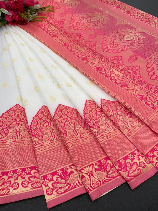 Elegant Cream Silk Saree with Rich Pink Zari Border