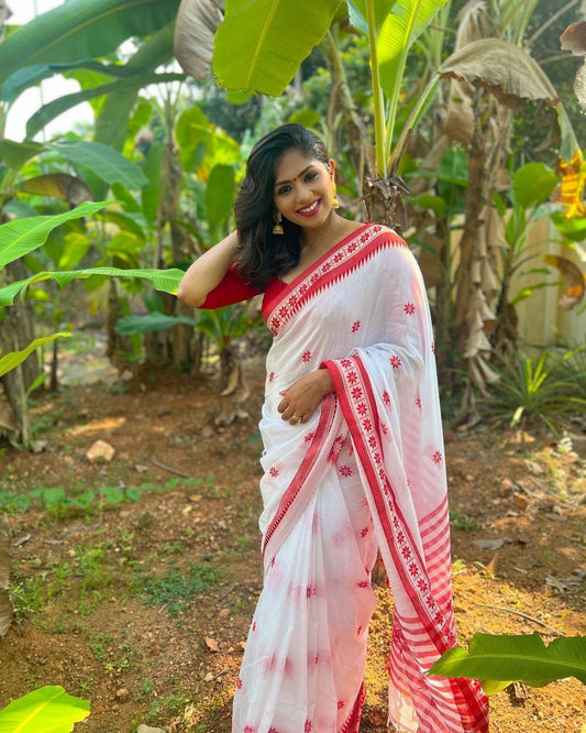 White Red Cotton Saree with Traditional Border