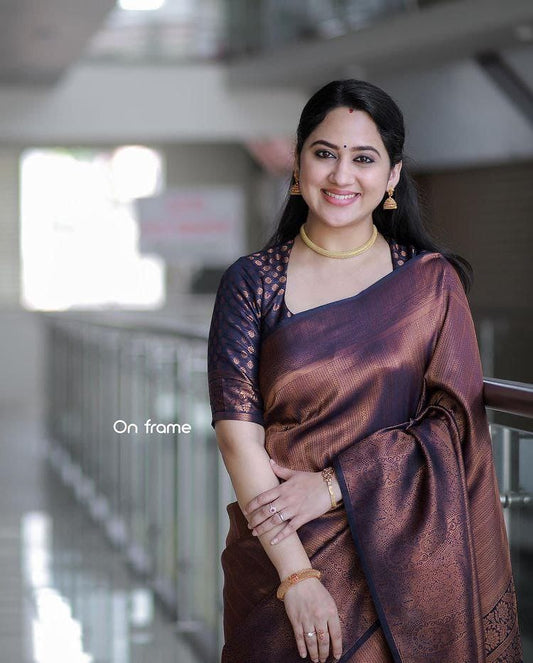Elegant Copper Brown Silk Saree with Rich Woven Border & Designer Blouse