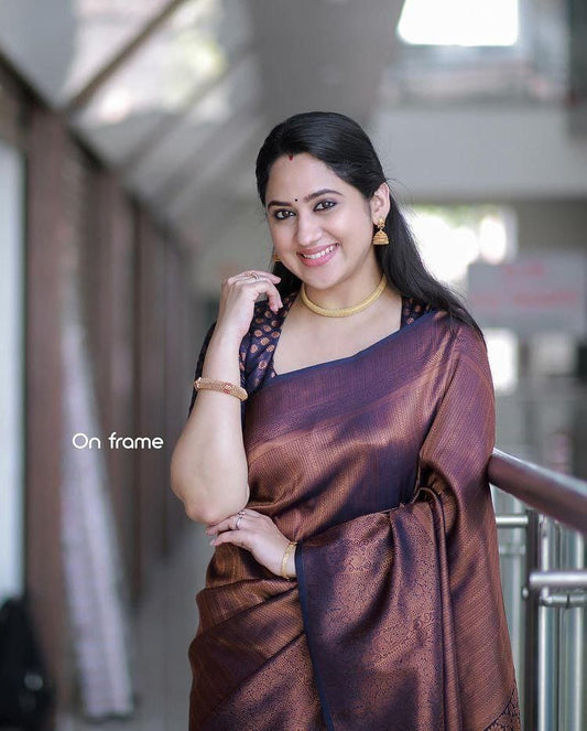 Elegant Copper Brown Silk Saree with Rich Woven Border & Designer Blouse