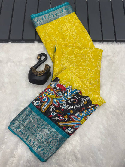 Lightweight Mangalagiri Dola Saree with Print Checks & Kalamkari Pallu