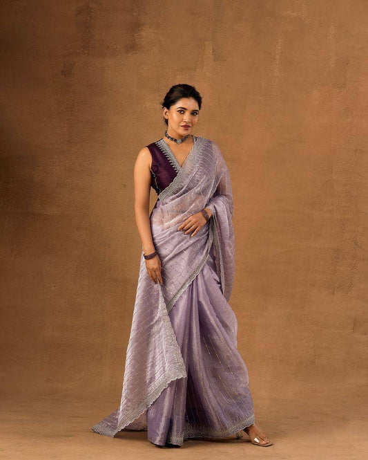 Soft Burberry Fabric Designer Saree with Sequins & Zari Work