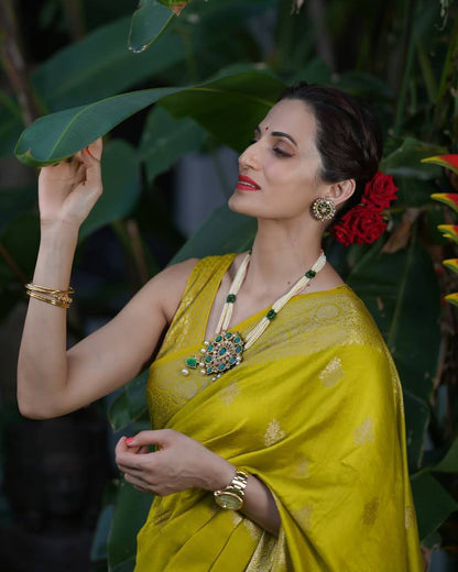 Elegant Olive Green Banarasi Silk Saree with Gold Zari Motifs